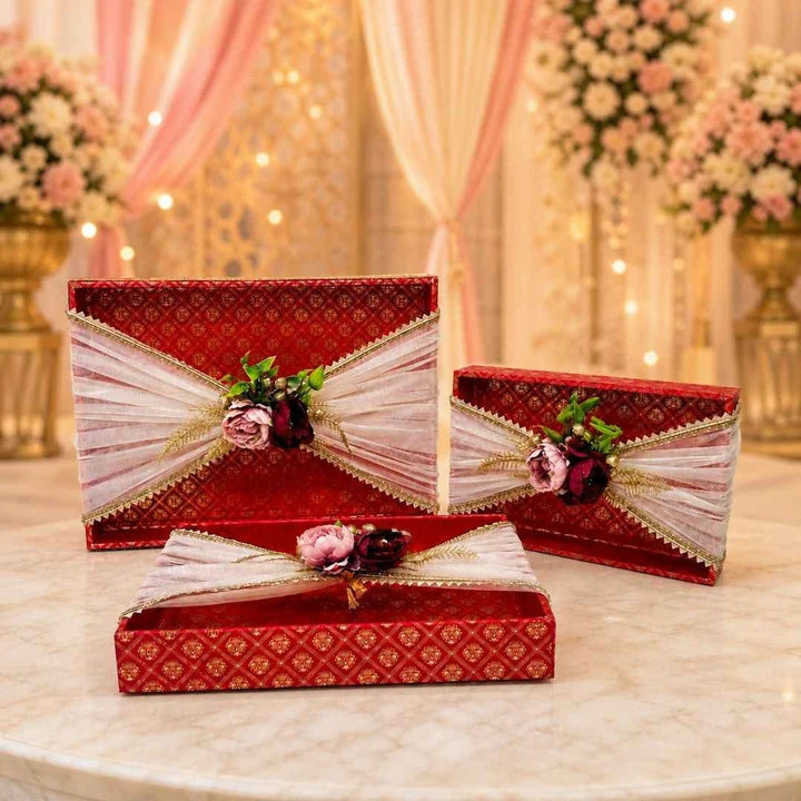 Red Brocade 3-piece luxury festive gift tray set for Diwali, wedding trousseau and corporate gifting in India