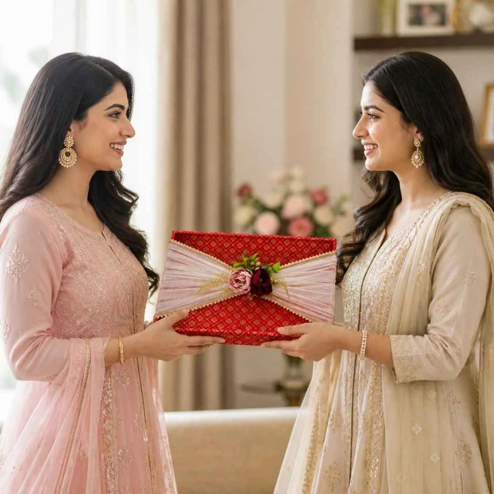 Red Brocade luxury gift tray for Diwali hampers, wedding gifting and festive packaging