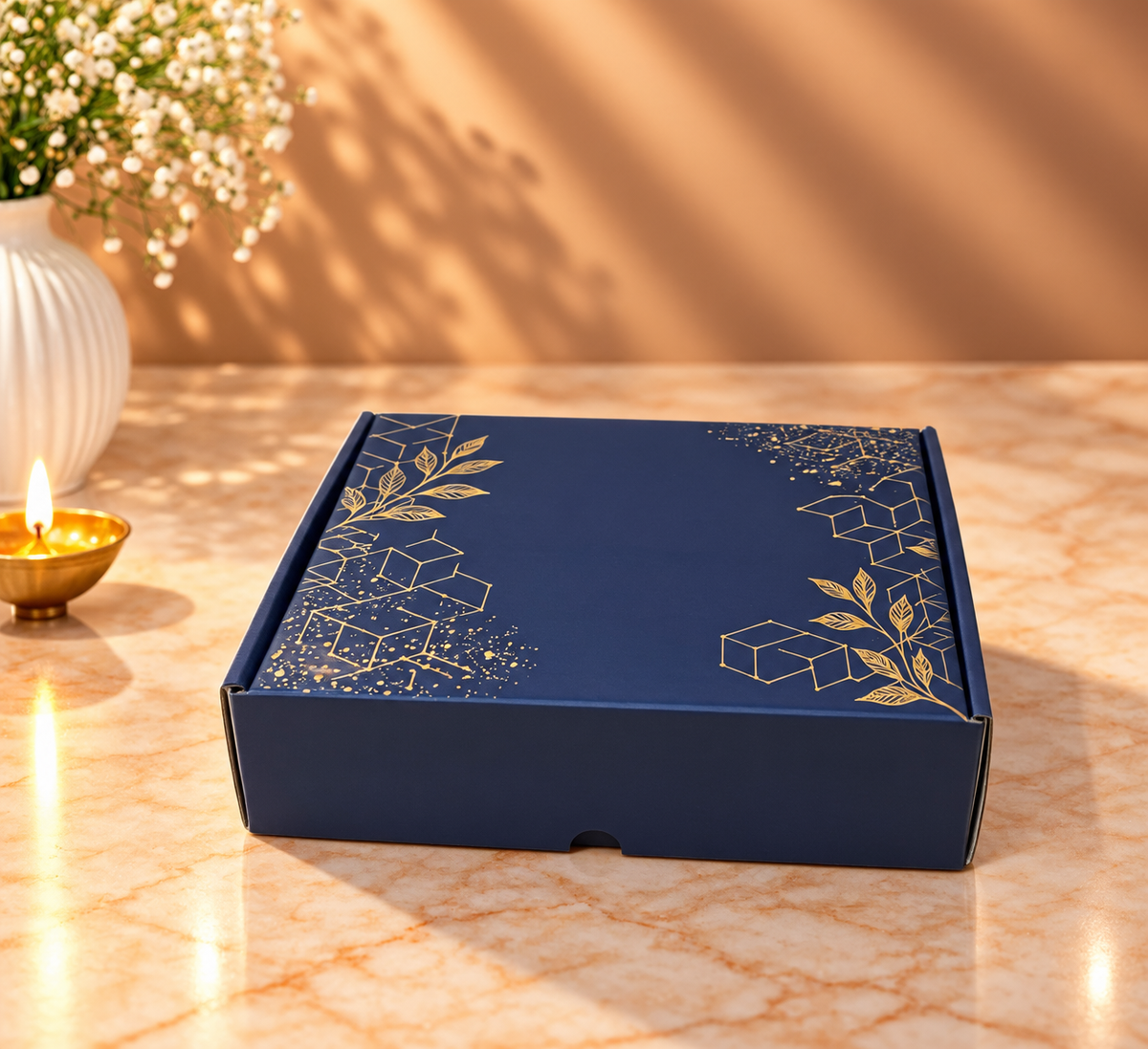 Navy Blue and Gold Foil geometric corrugated hamper box 10 x 8 x 4 inches for premium gifting