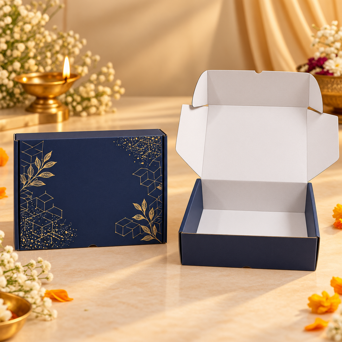 Closed navy blue corrugated gift box with premium gold foil geometric design