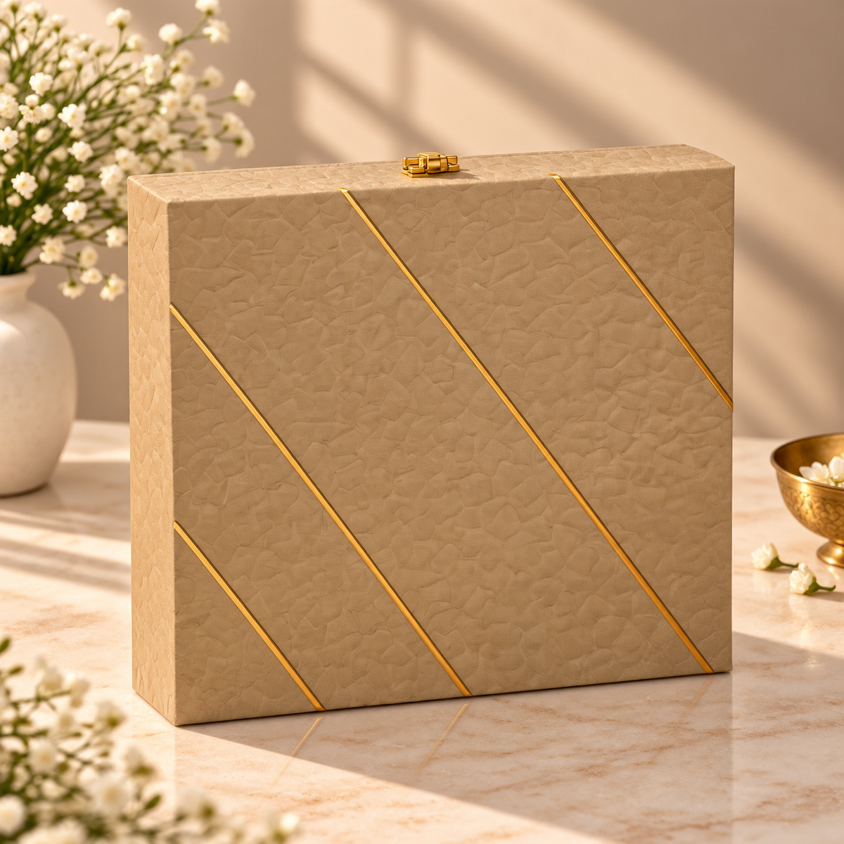 Premium Royal Beige Textured and Gold Stripe gift box for Diwali, wedding and corporate gifting