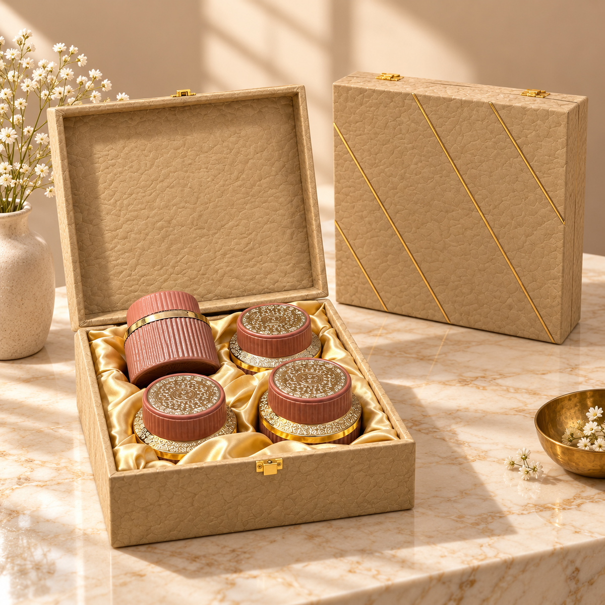 Royal Beige Textured and Gold Stripe 4-jar luxury dry fruit gift box for Diwali, weddings and corporate gifting