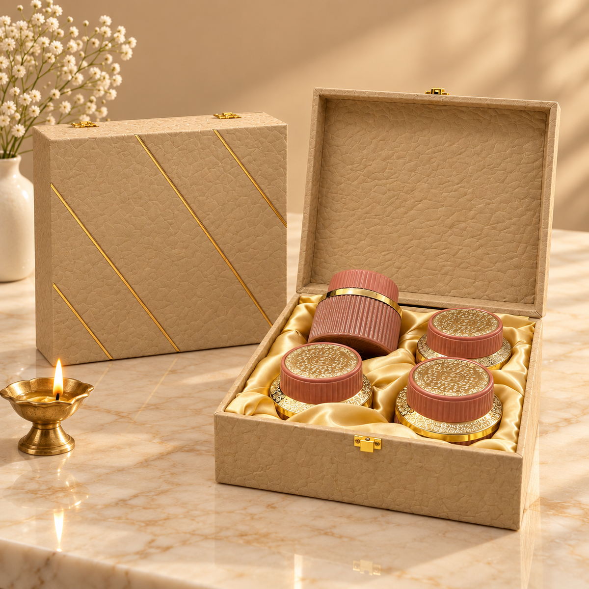Open Royal Beige Textured and Gold Stripe 4-jar gift box for dry fruits, sweets, chocolates and festive gifting