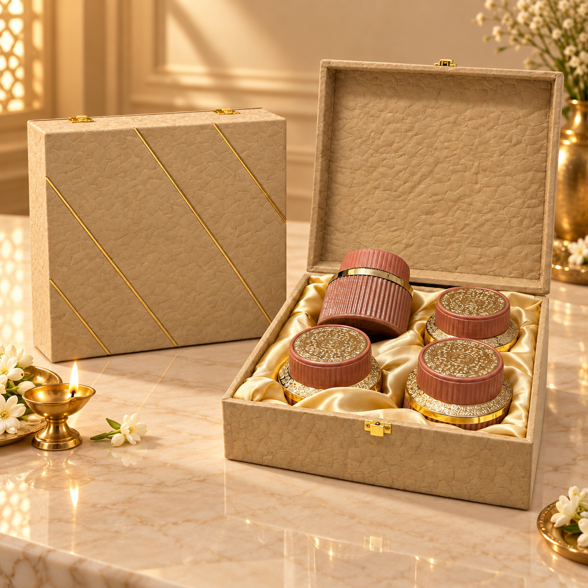 Royal Beige Textured and Gold Stripe gift box with four jars for dry fruits, nuts, sweets, mukhwas and chocolates