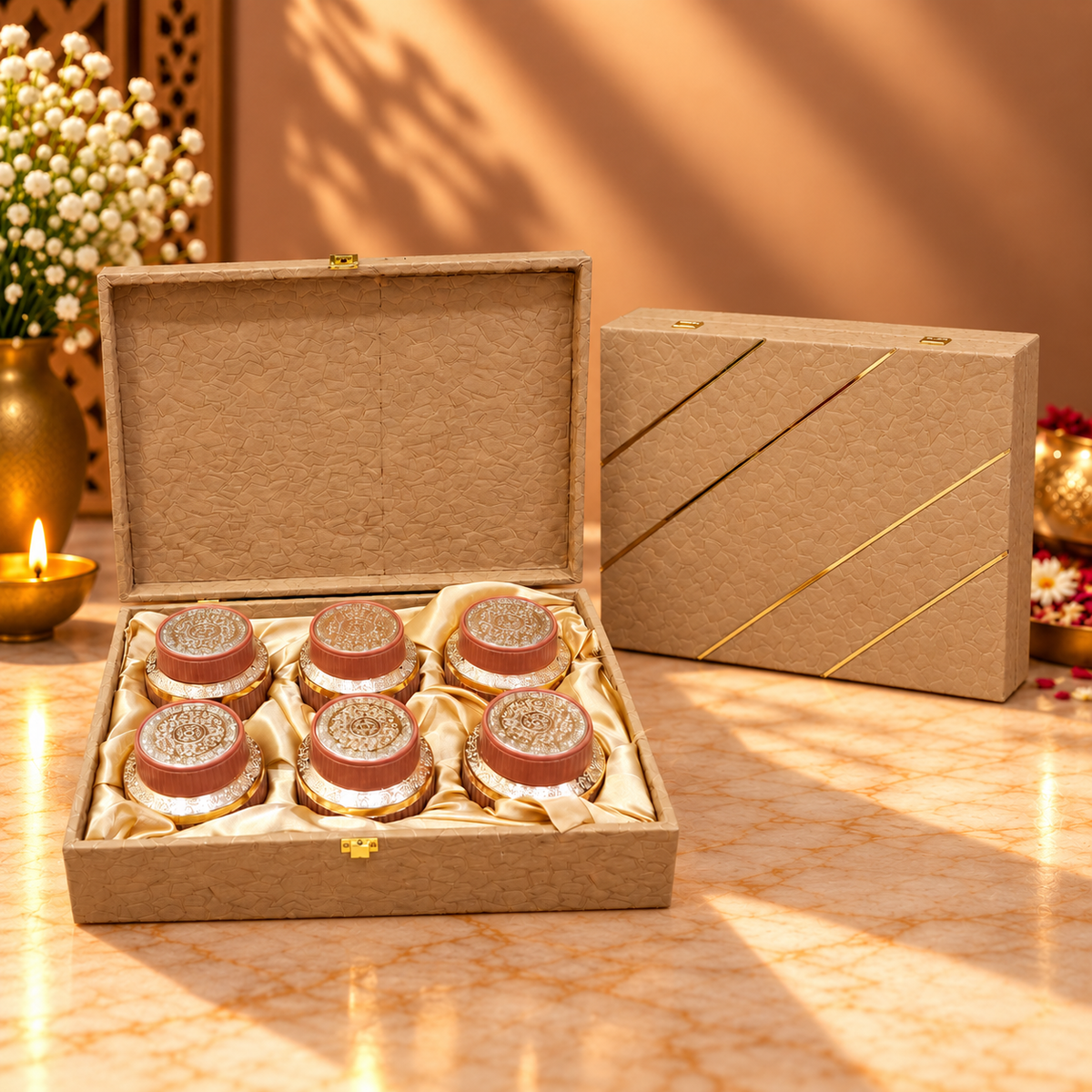 Royal Beige and Gold Accent keepsake box with six glass jars measuring 13.5 x 9.5 x 4 inches