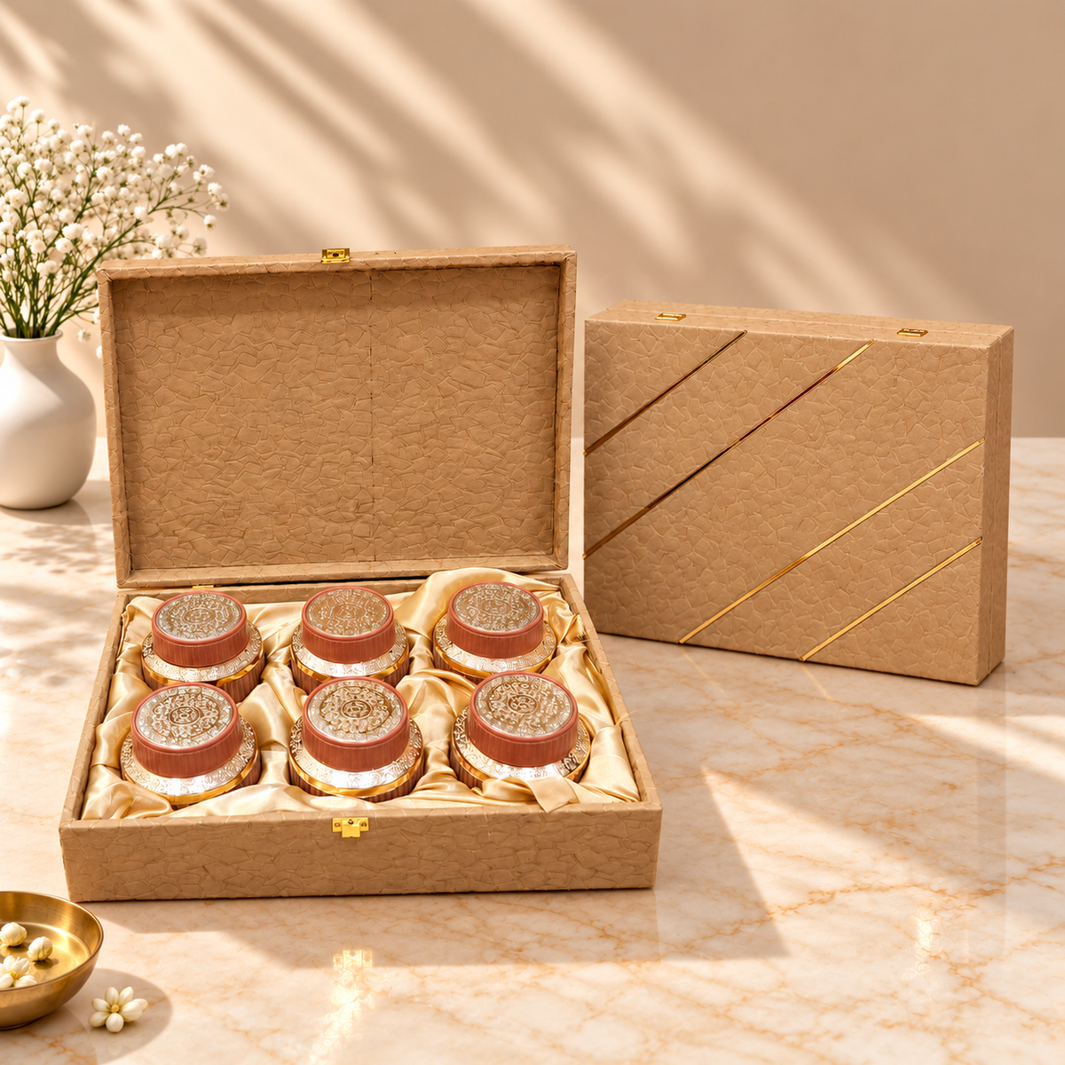 Open Royal Beige and Gold Accent keepsake gift box with six glass jars for dry fruits and festive gifting