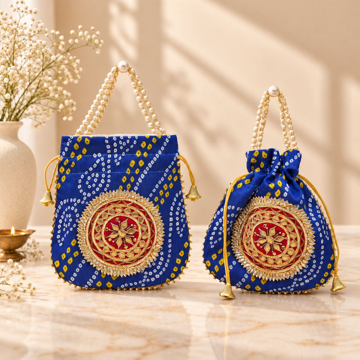 Royal Blue silk potli bag close-up with traditional Bandhani-inspired pattern and mandala detailing