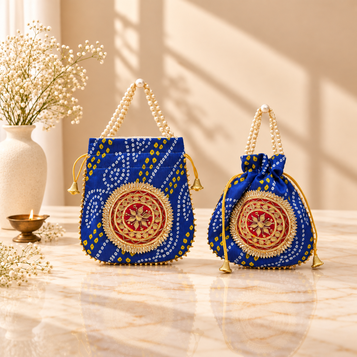 Royal Blue Bandhani Mandala silk potli bag for wedding return gifts, bridal trousseau and festive gifting in India