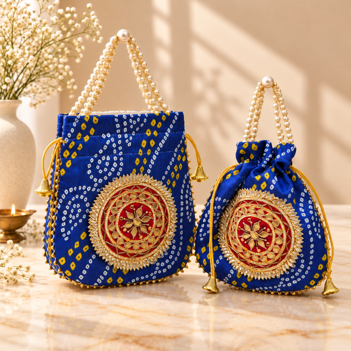 Royal Blue Bandhani Mandala potli bag styled for wedding return gifts, Mehendi and festive gifting