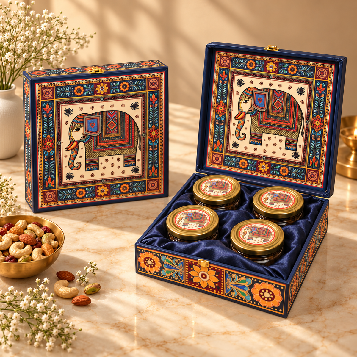 Open Royal Blue Elephant Motif 4-jar gift box for dry fruits, sweets, chocolates and festive gifting