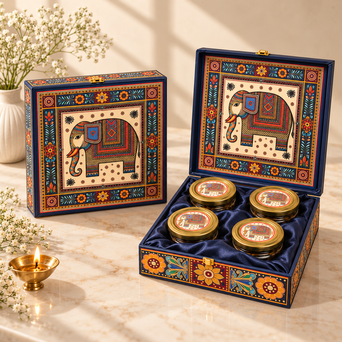 Premium Royal Blue Elephant Motif gift box for Diwali, wedding and corporate gifting