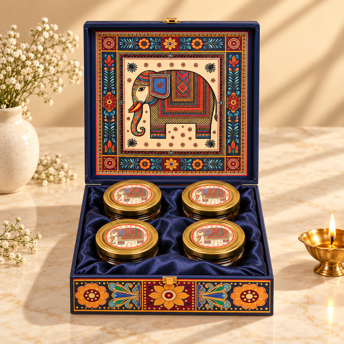 Royal Blue Elephant Motif gift box with four jars for dry fruits, nuts, sweets, mukhwas and chocolates