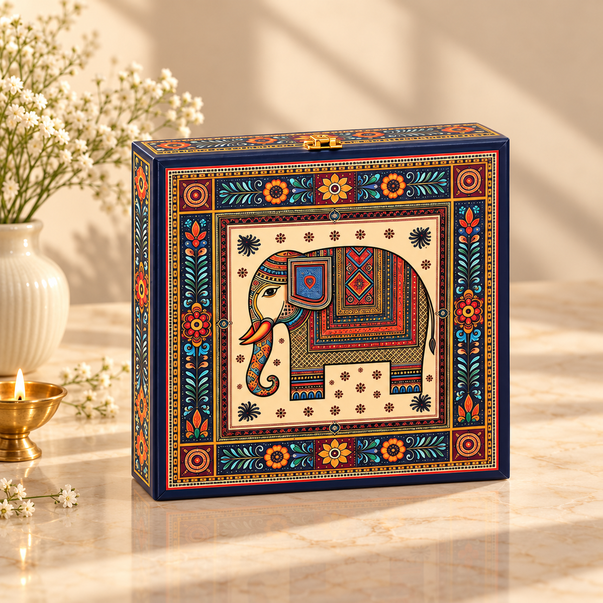Royal Blue Elephant Motif 4-jar luxury dry fruit gift box for Diwali, weddings and corporate gifting
