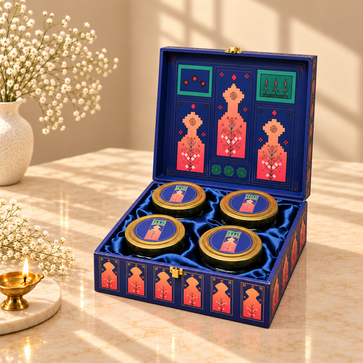 Royal Blue Heritage Motif 4-jar gift box measuring 9.5 x 9.5 x 3.5 inches available in pack of 5