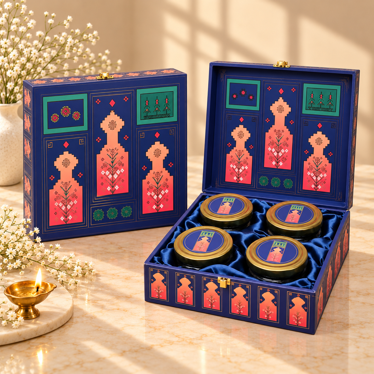 Open Royal Blue Heritage Motif 4-jar gift box for dry fruits, sweets, chocolates and festive gifting
