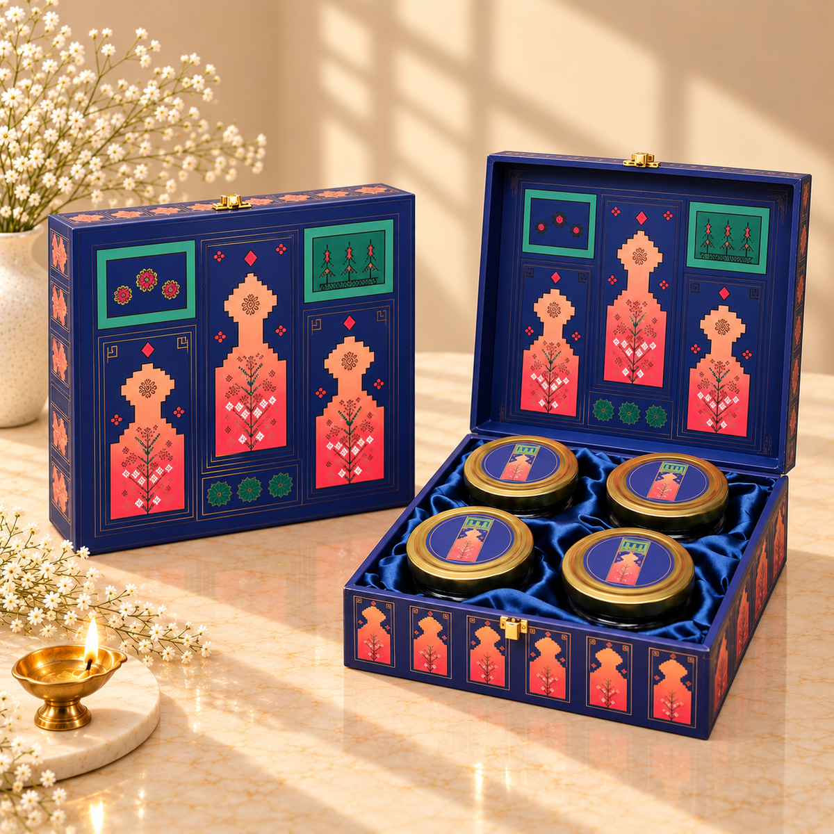Open Royal Blue Heritage Motif 4-jar gift box for dry fruits, sweets, chocolates and festive gifting