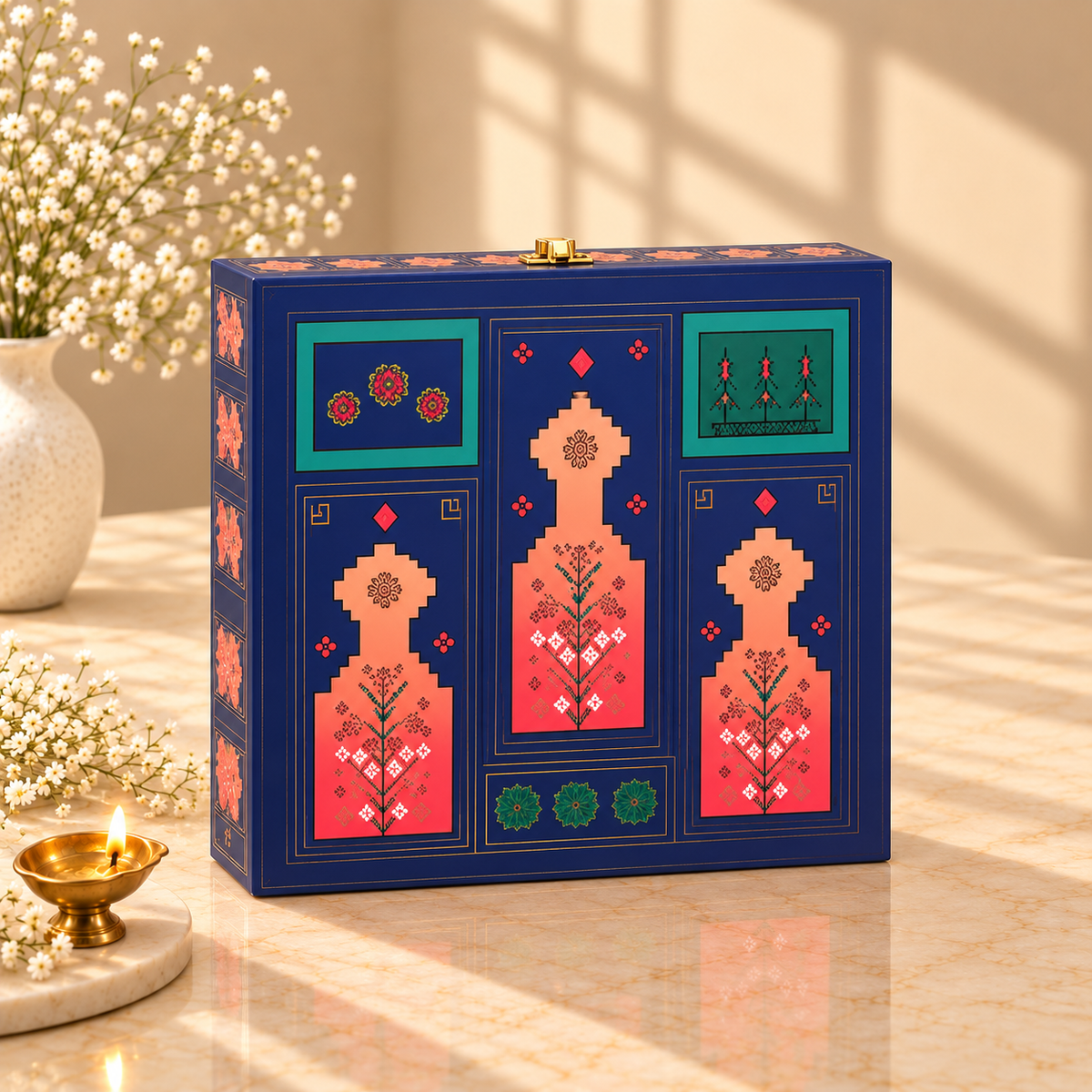 Premium Royal Blue Heritage Motif gift box for Diwali, wedding and corporate gifting