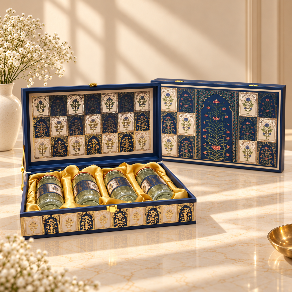 Closed Royal Blue Mosaic luxury 4-jar hamper box for Diwali, wedding and corporate gifting