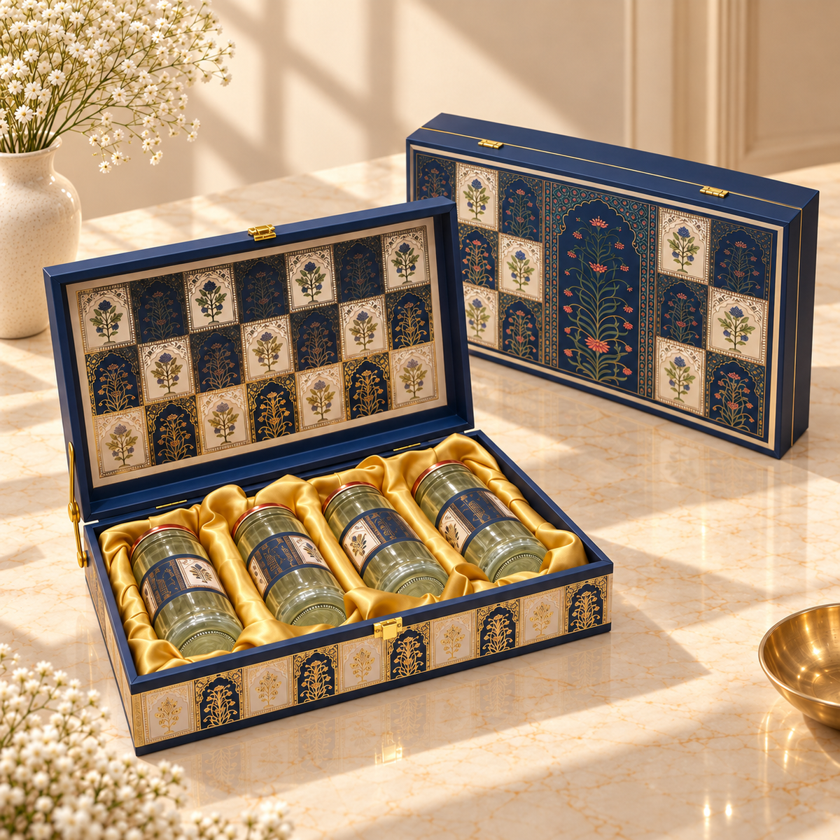 Royal Blue Mosaic gift box with four empty jars for dry fruits, sweets, mukhwas or chocolates