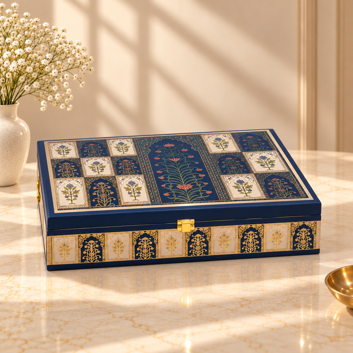 Open Royal Blue Mosaic hamper box with four empty jars for customized festive gifting