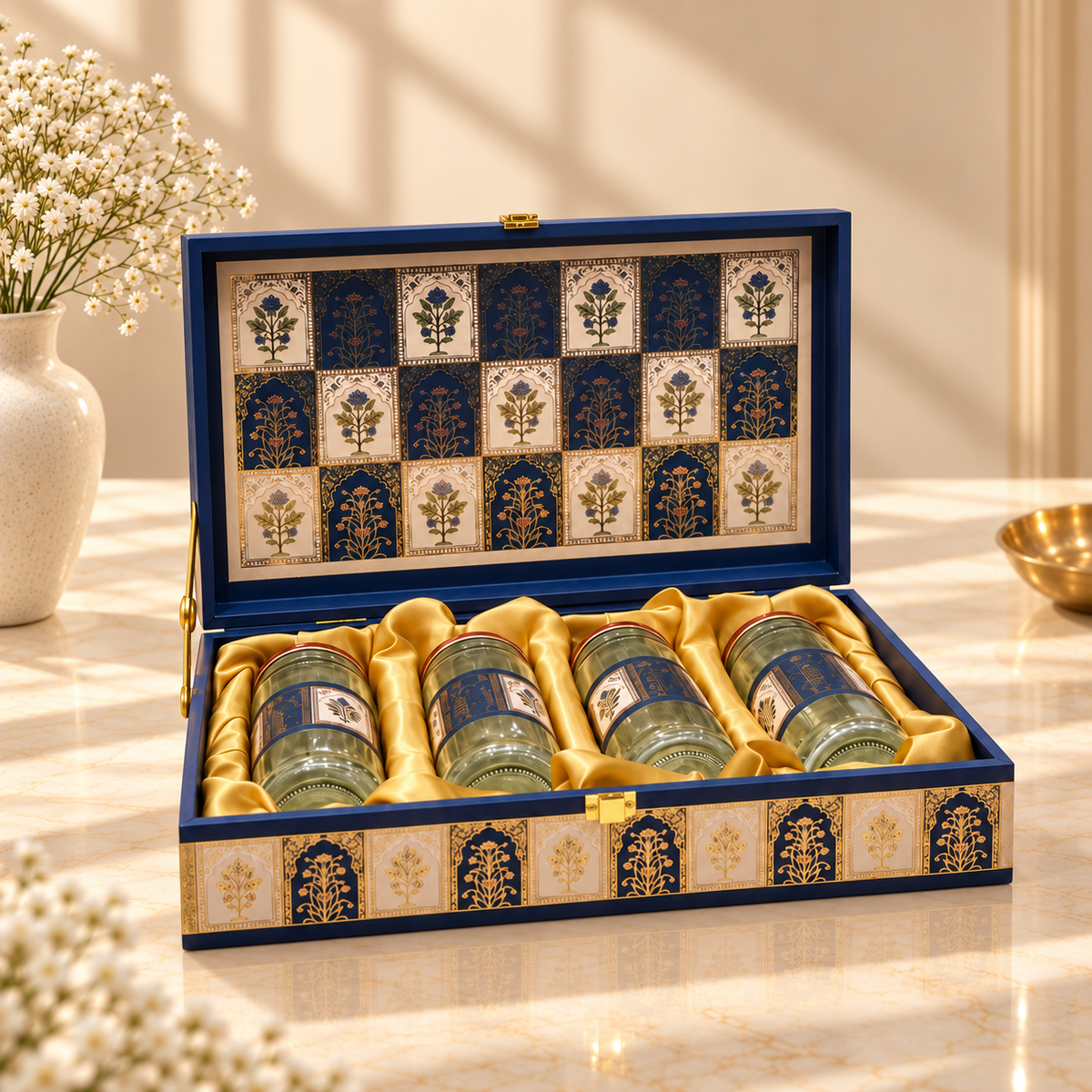Royal Blue Mosaic 4-jar luxury festive hamper box for Diwali, weddings and corporate gifting in India