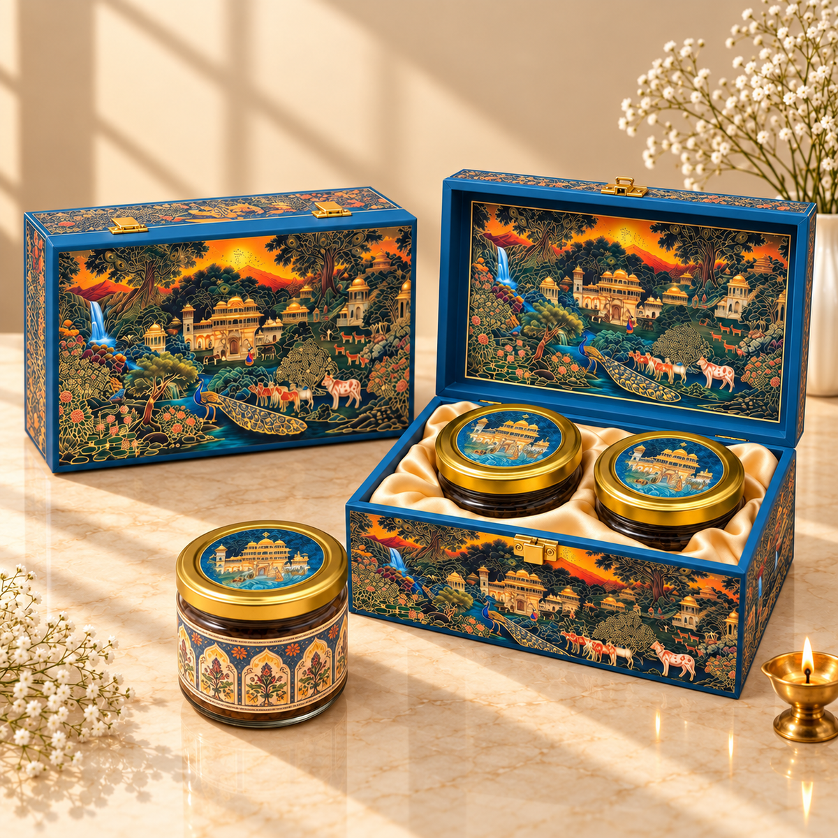 Royal Blue Palace 2-jar luxury festive hamper box for Diwali, weddings and corporate gifting in India