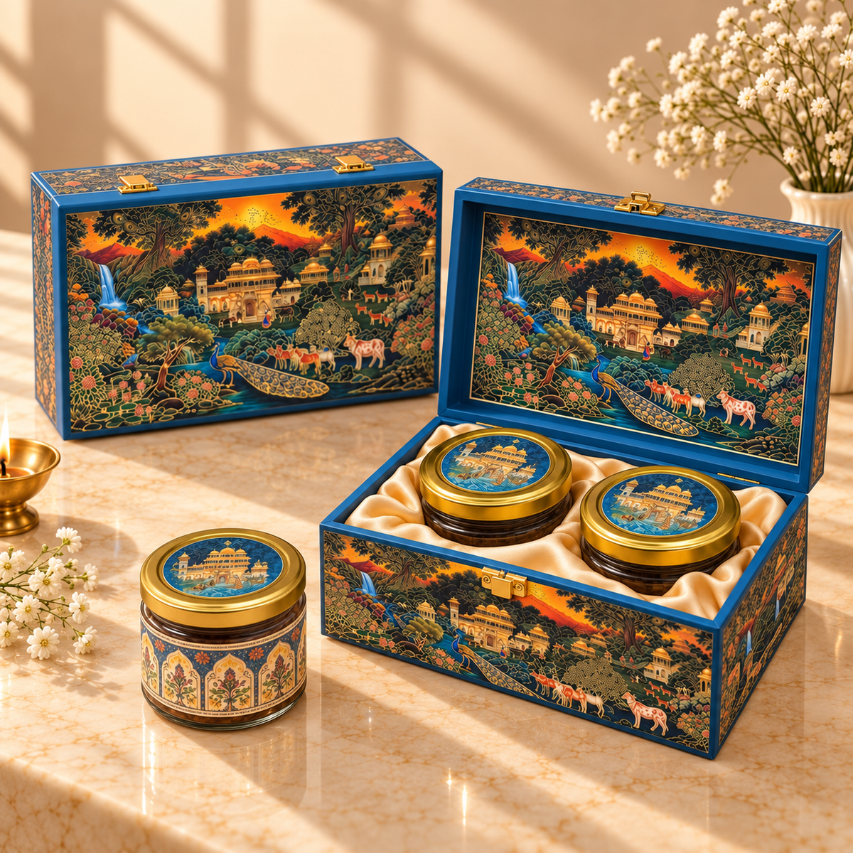 Open Royal Blue Palace hamper box with two empty jars for customized Diwali and wedding gifting