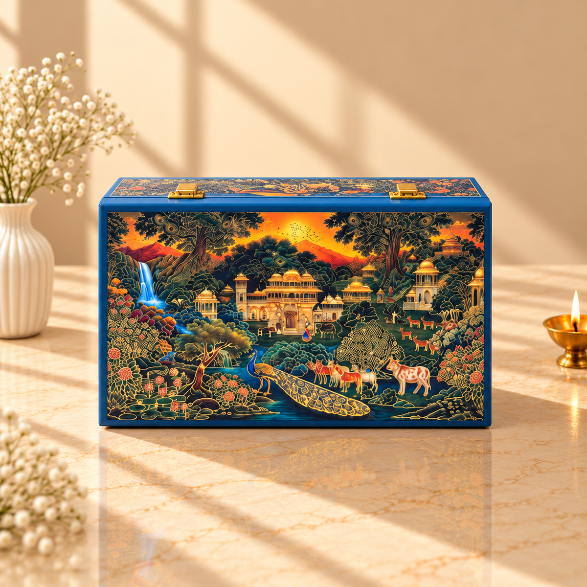 Closed Royal Blue Palace luxury festive hamper box for Diwali, weddings and corporate gifting