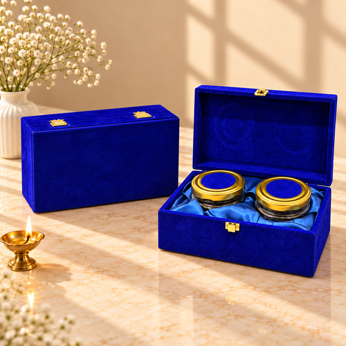 Royal Blue Velvet 2-jar luxury festive gift hamper box without dry fruits