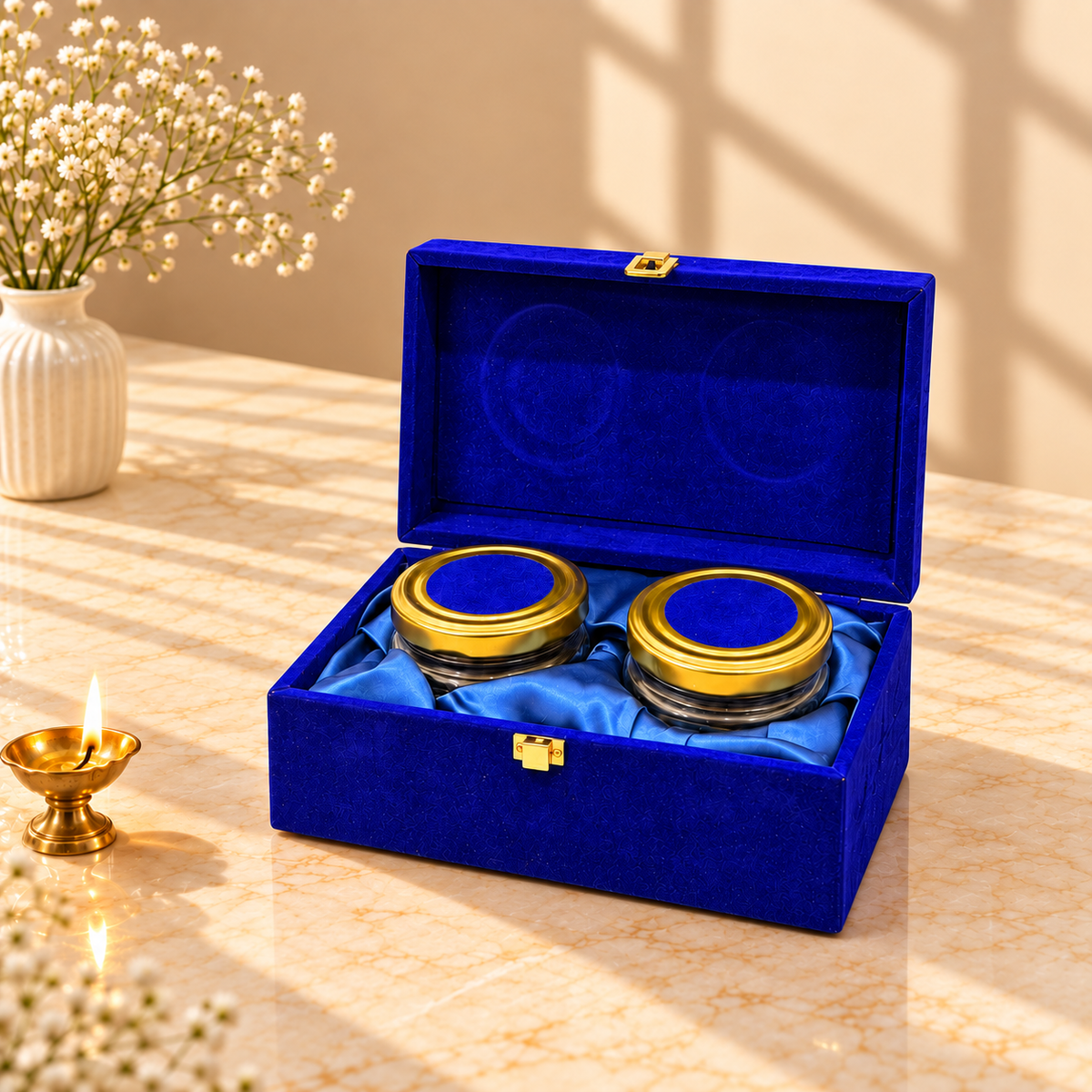 Open Royal Blue Velvet gift box with two empty jars for customized festive and wedding gifting