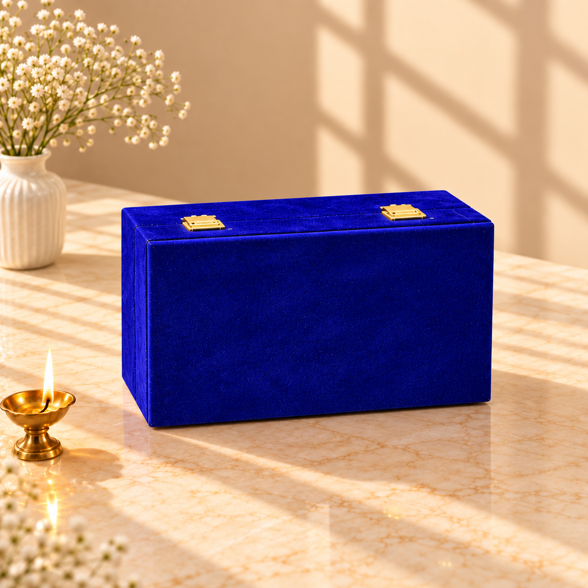 Closed Royal Blue Velvet luxury gift box for Diwali, weddings and corporate gifting