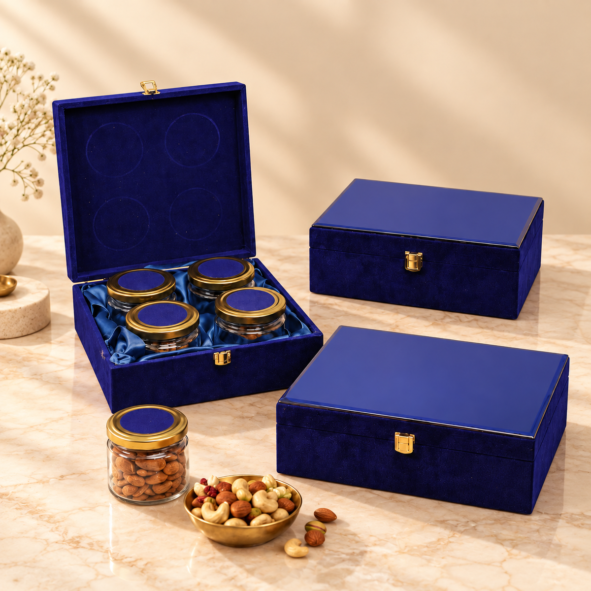 Royal Blue Velvet 4-jar luxury dry fruit and sweet gift box for festivals, weddings and corporate gifting