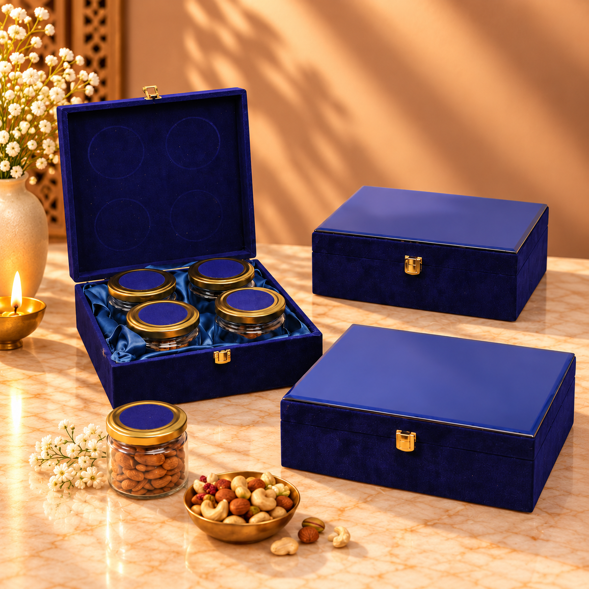 Open Royal Blue Velvet 4-jar gift box for dry fruits, sweets, chocolates and wedding gifting