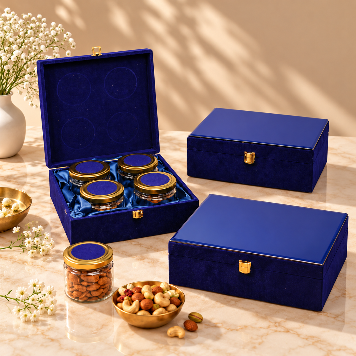 Premium Royal Blue Velvet gift box for Diwali, wedding, festive and corporate gifting