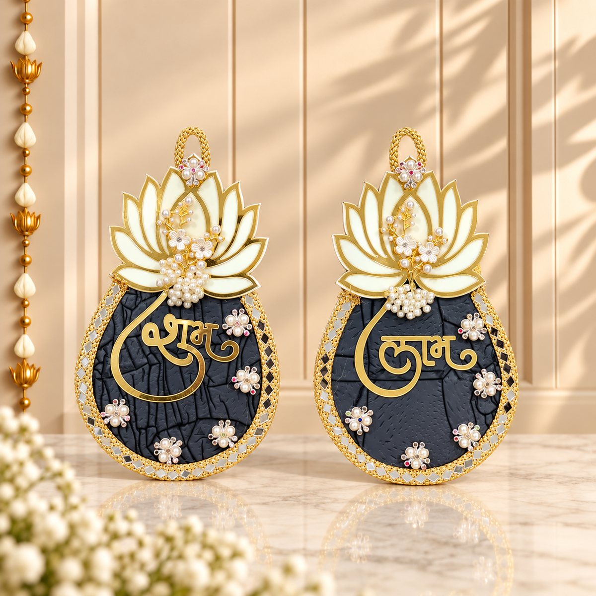 Royal Blue and White Lotus Shubh Labh pair with traditional Indian festive detailing for Diwali decoration