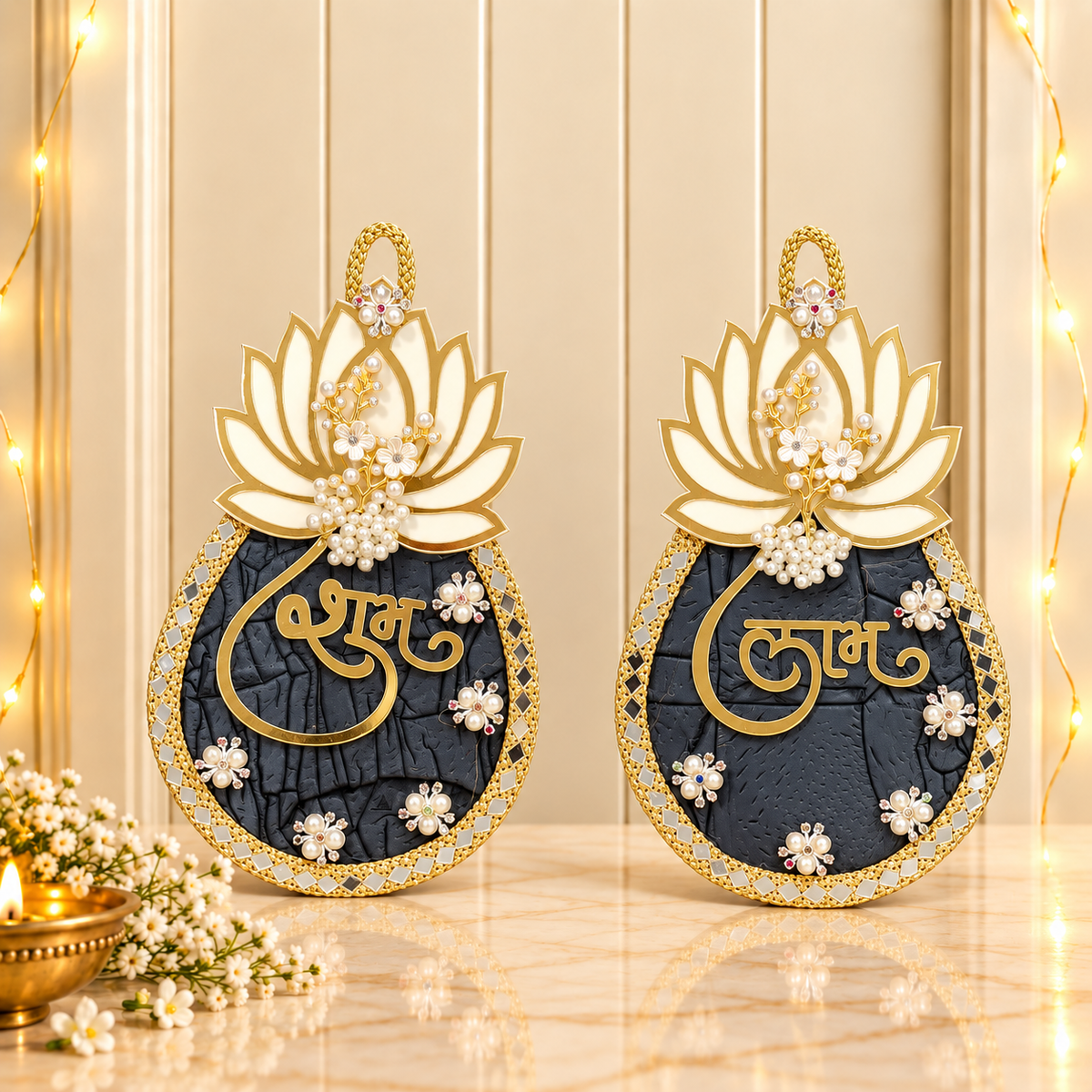 Royal Blue and White Lotus Shubh Labh door hanging for main door and Diwali home decoration in India