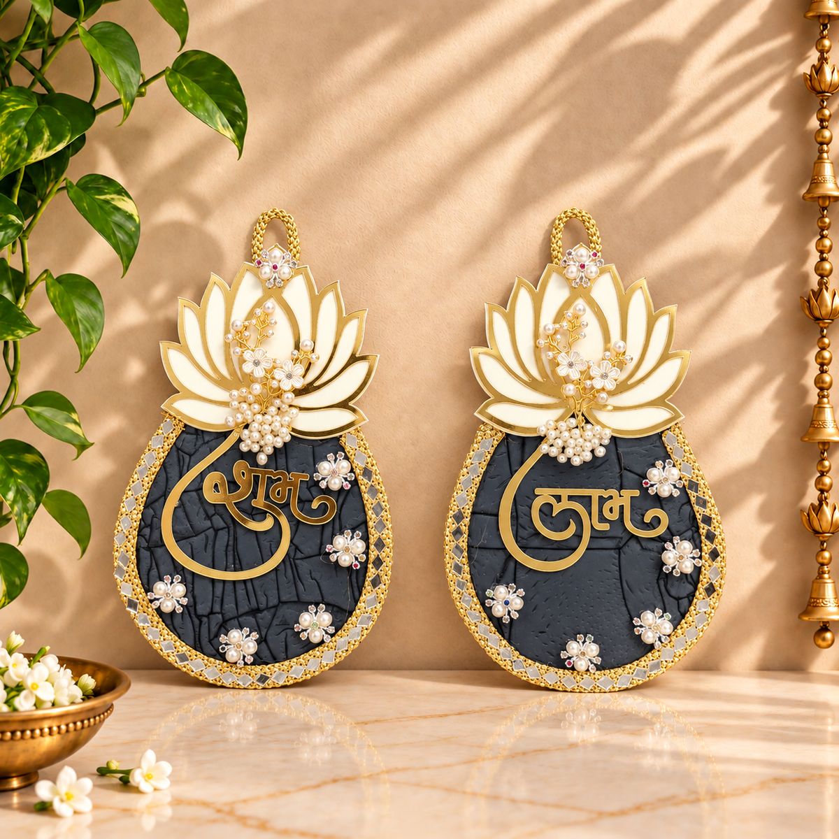 Royal Blue and White Lotus Shubh Labh hanging displayed on main door for Diwali and Gruh Pravesh decoration