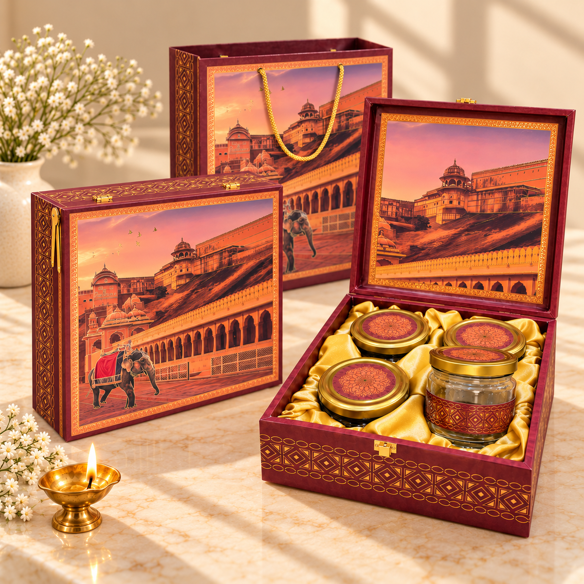 Open Royal Burgundy Fort and Palace Landscape 4-jar gift box for dry fruits, sweets, chocolates and festive gifting