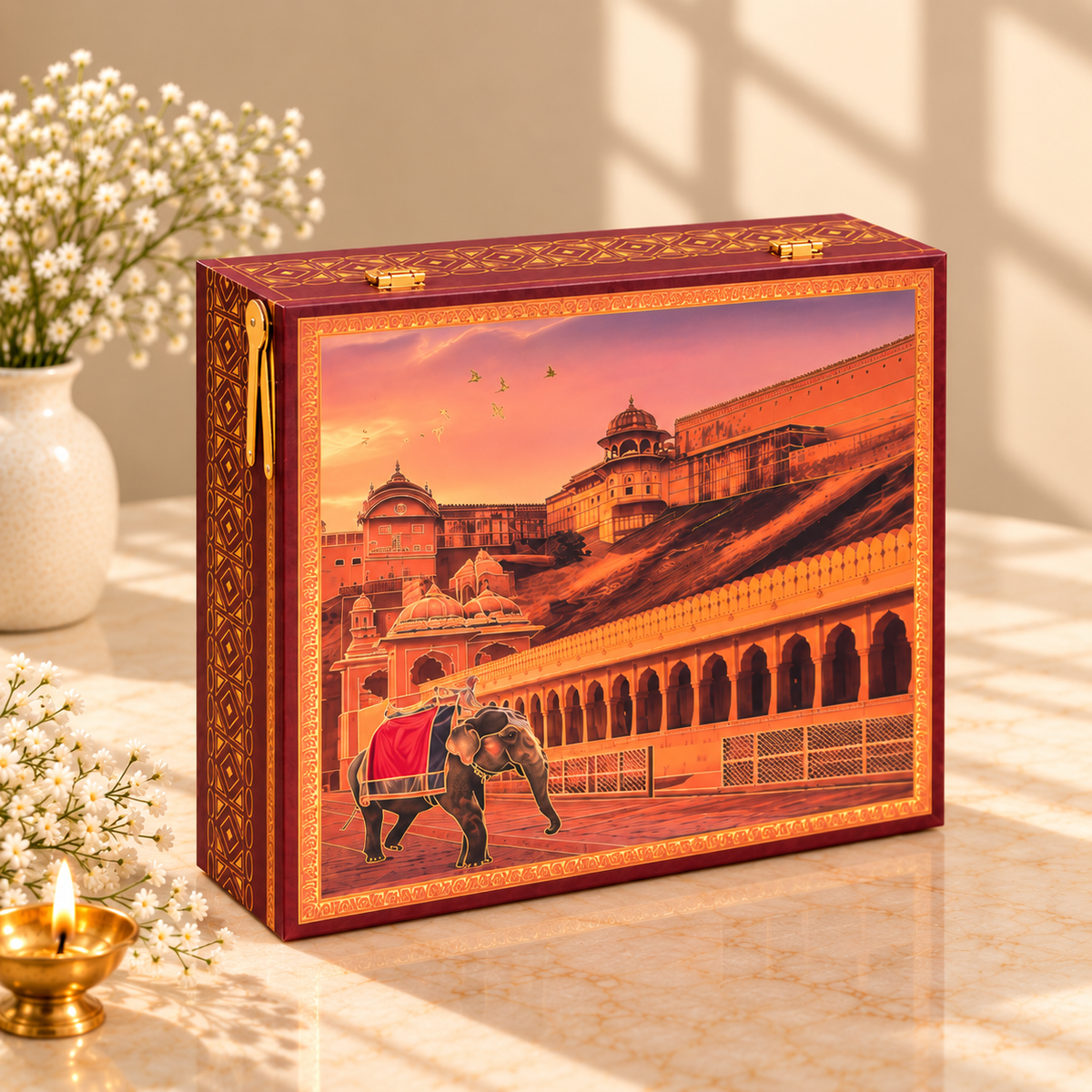 Royal Burgundy Fort and Palace Landscape premium festive gift box for Diwali, weddings and corporate gifting