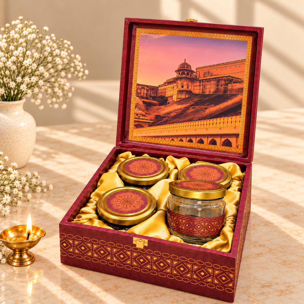 Royal Burgundy Fort and Palace Landscape 4-jar gift box measuring 9.5 x 9.5 x 3.5 inches available in pack of 5