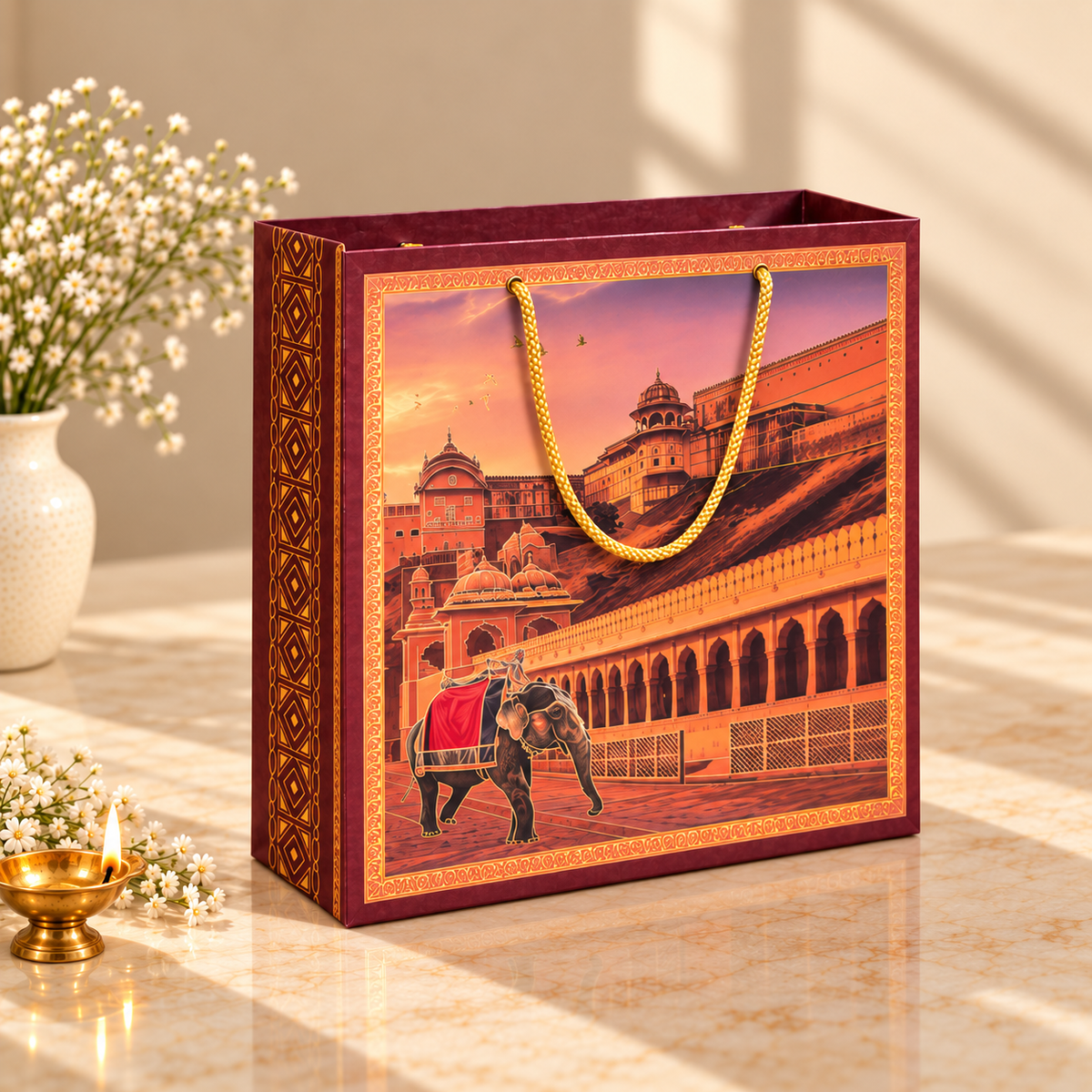 Royal Burgundy Fort and Palace Landscape 4-jar luxury dry fruit gift box for Diwali, weddings and corporate gifting