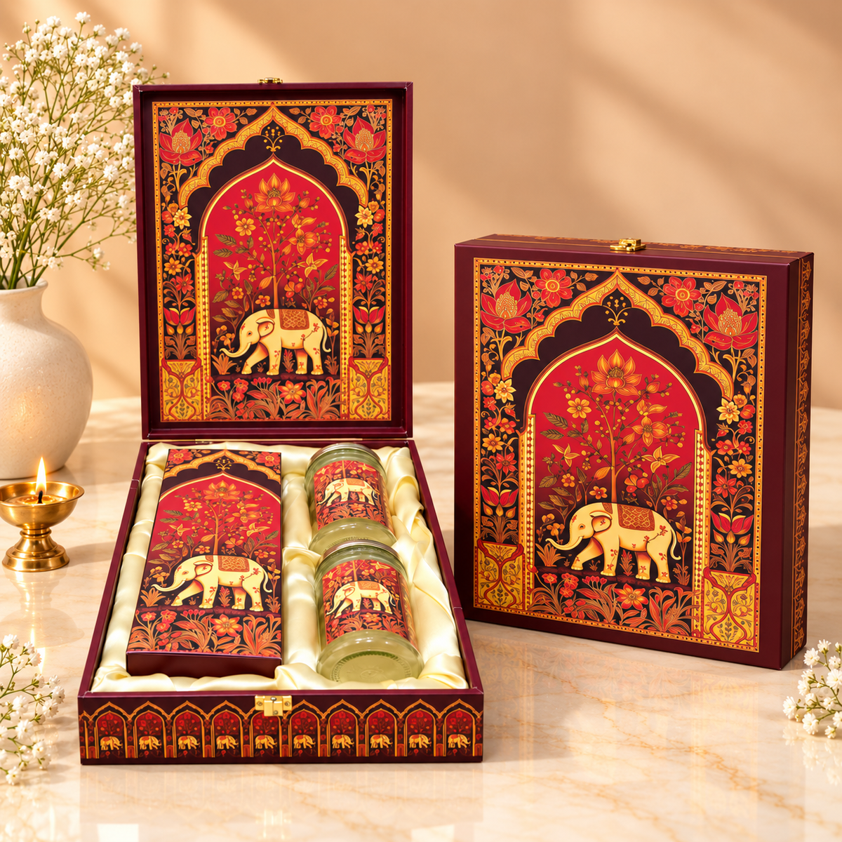 Royal Crimson Elephant hamper with two empty jars and box section for dry fruits, sweets and chocolates