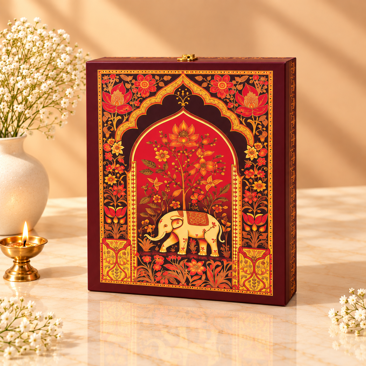 Closed Royal Crimson Elephant luxury festive hamper for Diwali, wedding and premium gifting