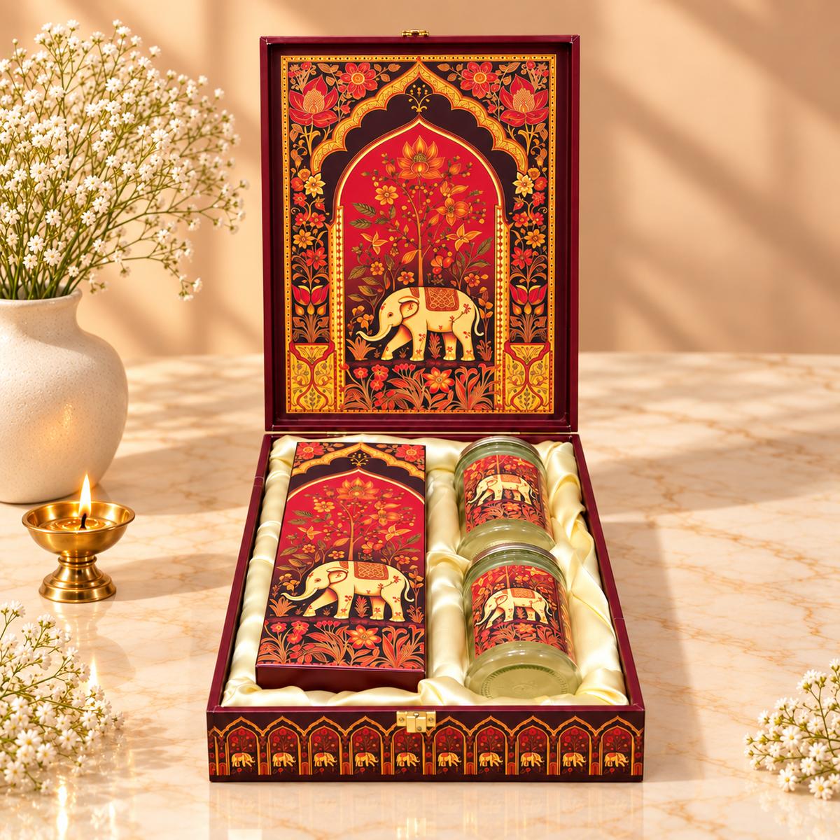 Open Royal Crimson Elephant hamper with two empty jars and additional gift box section