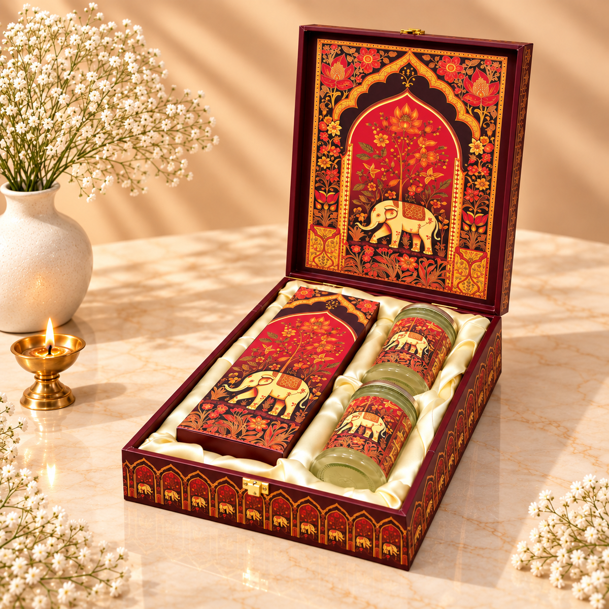 Royal Crimson Elephant 2-jar and box luxury festive hamper for Diwali, weddings and corporate gifting in India