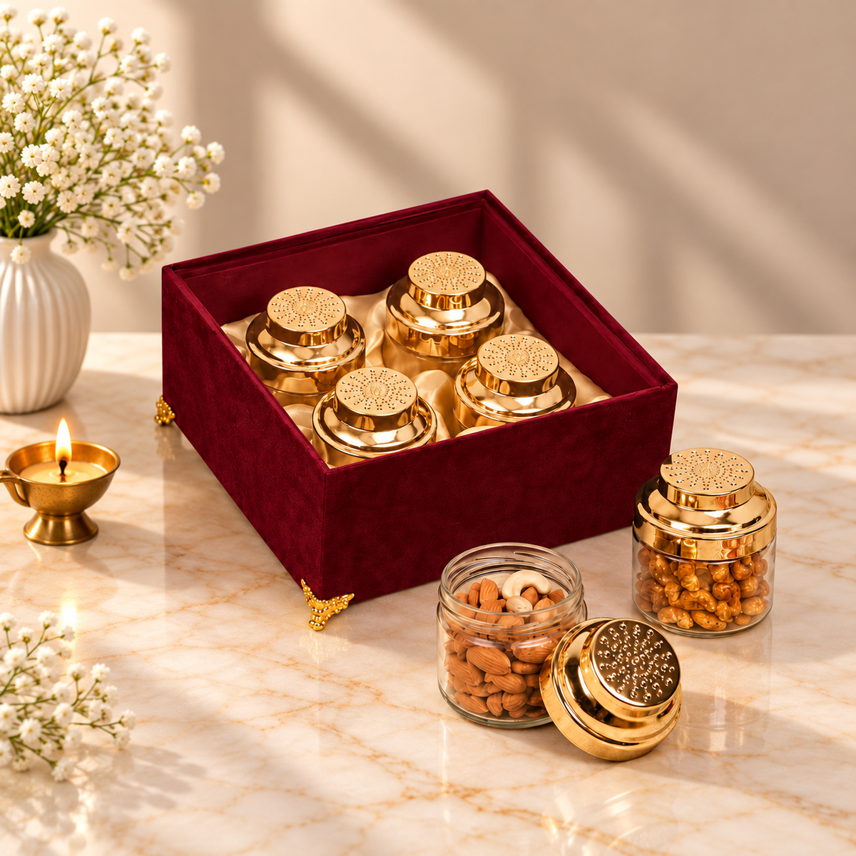 Open Royal Crimson Red Velvet 4-jar gift box for dry fruits, sweets, chocolates and festive gifting