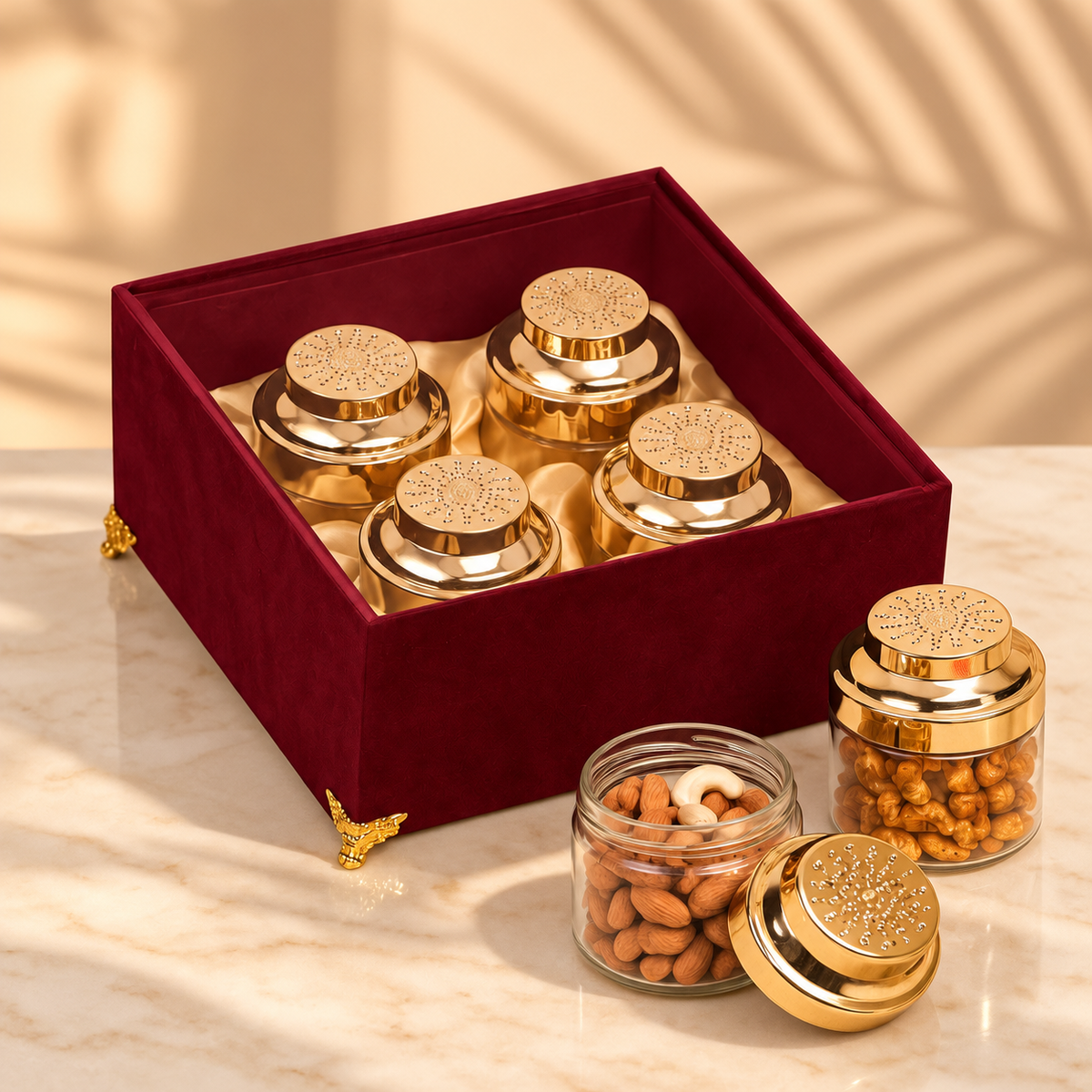 Royal Crimson Red Velvet 4-jar luxury dry fruit gift box for Diwali, weddings and corporate gifting