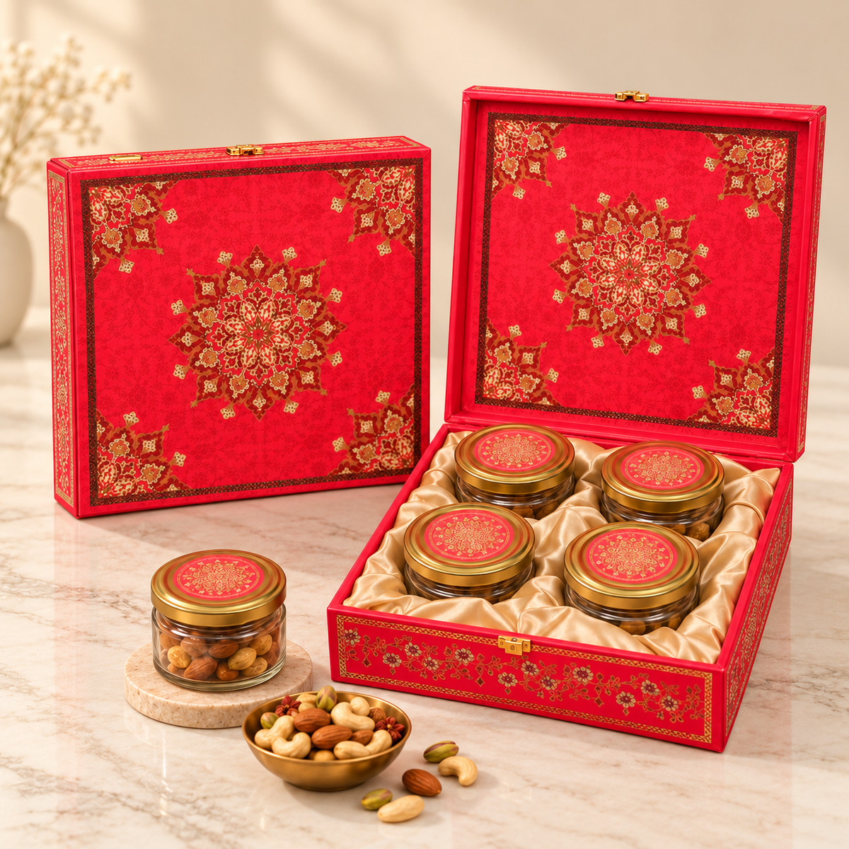 Open Royal Crimson Red and Gold Mandala 4-jar gift box for dry fruits, sweets, chocolates and festive gifting