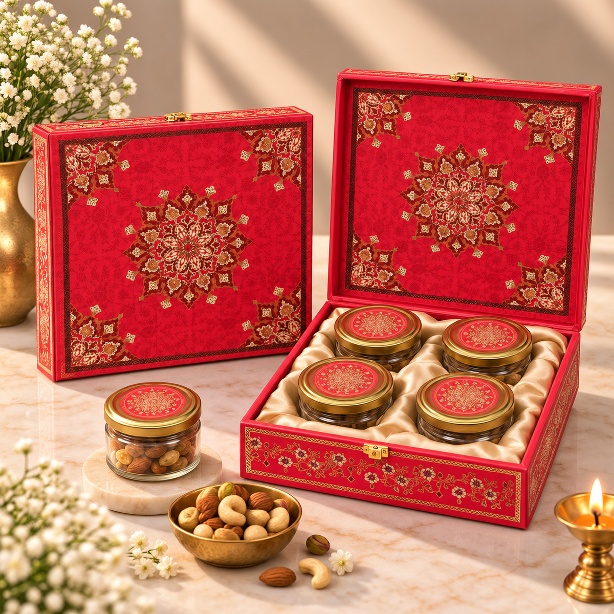 Open Royal Crimson Red and Gold Mandala 4-jar gift box for dry fruits, sweets, chocolates and festive gifting