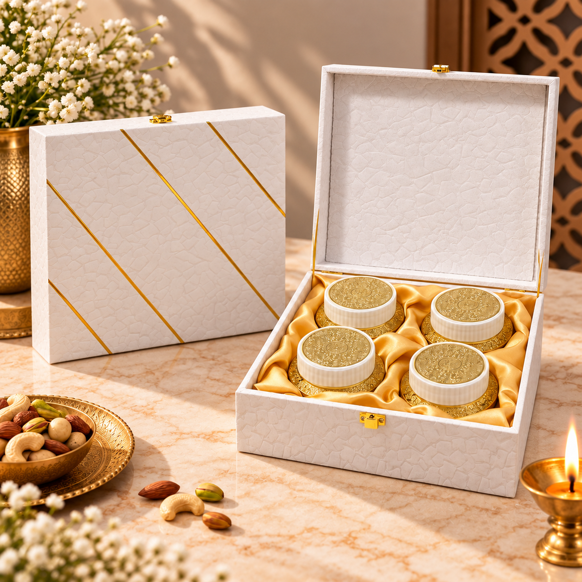 Royal Ivory White and Gold Stripe 4-jar luxury dry fruit gift box for Diwali, weddings and corporate gifting